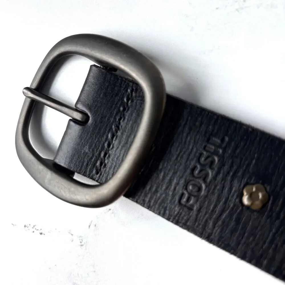 FOSSIL Black Leather Belt Artsy Metal Floral Stud Detail Boho Western Women’s M